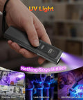 Person using 4-In-1 EDC Flat Flashlight USB-C Rechargeable Magnetic Slim Handheld Light With UV 395nm in UV mode.