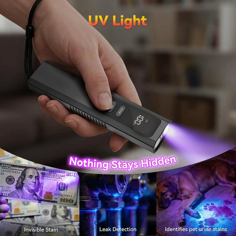 Person using 4-In-1 EDC Flat Flashlight USB-C Rechargeable Magnetic Slim Handheld Light With UV 395nm in UV mode.