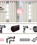 Comparison of heavy duty bronze and standard curtain rod set for windows 72 to 144 inches, featuring adjustable and non-adjustable brackets.