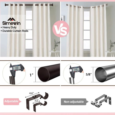 Comparison of heavy duty bronze and standard curtain rod set for windows 72 to 144 inches, featuring adjustable and non-adjustable brackets.