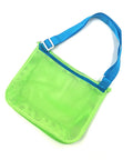 Colorful Mesh Beach Tote For Kids, Adjustable Quick Dry Net Bag For Seashell Collecting. Bright green bag with blue strap.