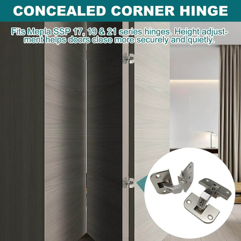 Adjustable Pie Cut Corner Cabinet Hinge with 78 Degree Opening for Lazy Susan and Bifold Doors Concealed Mount installed view