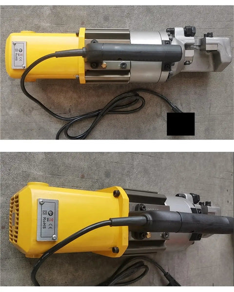Heavy Duty Handheld Rebar Cutter With Electric Hydraulic Wire Rope Cutting Power For Construction Sites, showing cast steel head and electric motor.