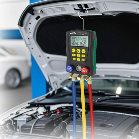BELEY automotive HVAC digital manifold gauge with blue, yellow and red hoses, front view over car engine bay