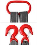 Close-up of Two Leg Bridle Web Sling 5ft Heavy Duty Rigging Strap with red eye hooks, polyester material, and stitching detail