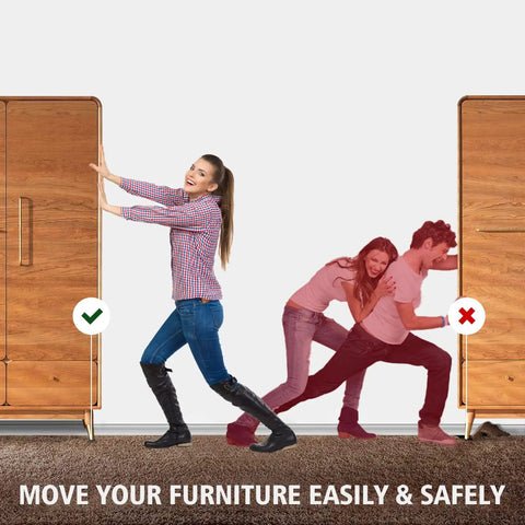 Woman effortlessly moving cabinet using heavy duty four point seven inch square furniture sliders pack of 8 for carpet