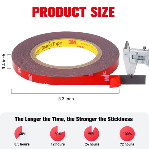 Double-sided foam mounting tape roll, 0.4 in wide x 33 ft, 3M VHB; red exterior with yellow core
