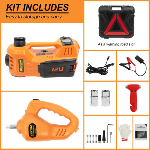 5 Ton 12V Electric Car Jack Kit With Portable Wrench And Tire Inflator Pump, LED Work Light And Warning Light, 4 In 1 Emergency Tire Change For SUV MPV Sedan, Garage Repair, Compact Yet Powerful