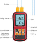 Front view of Kamtop digital thermometer with dual K-type probes and backlit LCD.