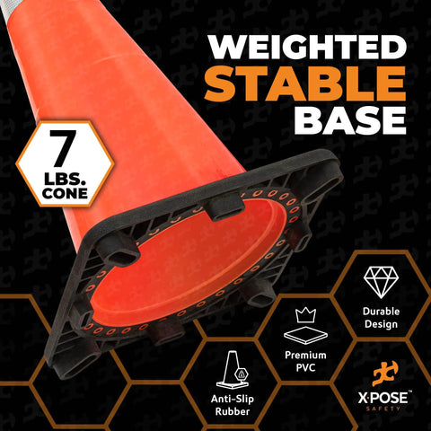 Underside view of Heavy Duty 28 Inch Orange Traffic Cones With 6 Inch Collar, 4 Pack showing weighted and stable base, 7 lbs.