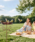 35.4 Inch Tall Vintage Metal Bird Bath With 12 Inch Diameter Bowl And 2.2 Inch Deep Removable For Easy Cleaning Freestanding Garden Yard Decor With Scrollwork And Leaf Accents Go To Backyard Centerpiece For Bird Watching with birds and family in background