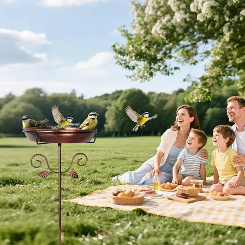 35.4 Inch Tall Vintage Metal Bird Bath With 12 Inch Diameter Bowl And 2.2 Inch Deep Removable For Easy Cleaning Freestanding Garden Yard Decor With Scrollwork And Leaf Accents Go To Backyard Centerpiece For Bird Watching with birds and family in background