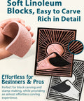 All In One Printmaking And Stamp Making Kit For Beginners With Linoleum Blocks Ink Brayer Transfer Papers Guide And 10 Printmaking Papers showing soft linoleum block carving detail.