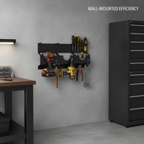 Heavy Duty Iron Wall Mounted Tool Rack for Garage organizing tools against a gray wall