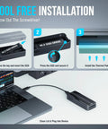 Tool free installation steps for Blazing Fast USB4 To Portable External NVMe SSD Enclosure, showing SSD insertion and connection.