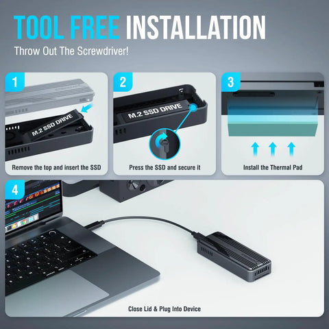 Tool free installation steps for Blazing Fast USB4 To Portable External NVMe SSD Enclosure, showing SSD insertion and connection.