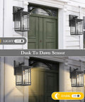 Dusk To Dawn Exterior Wall Lights with Built In Sensor, showing day and night function on a porch with seeded glass panels, 2 pack.