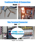Image comparing traditional wiring with 100-Piece Fully Insulated Spade Terminal Kit For DIYers With Nylon Heat Shrink Waterproof Quick Disconnects.