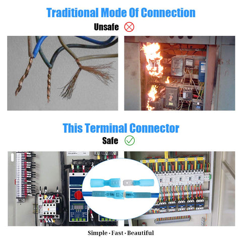 Image comparing traditional wiring with 100-Piece Fully Insulated Spade Terminal Kit For DIYers With Nylon Heat Shrink Waterproof Quick Disconnects.