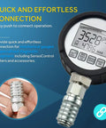 Steel Test Port Quick Coupler For Diagnostic Gauges And SensoControl Meters, Push To Connect, shown attached to a gauge
