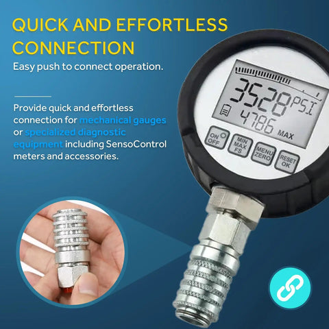 Steel Test Port Quick Coupler For Diagnostic Gauges And SensoControl Meters, Push To Connect, shown attached to a gauge