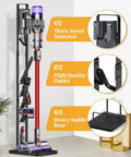 Dyson Vacuum Stand And Cordless Vacuum Accessory Organizer For V15 V11 V10 V8 V7 V6 And DC30 DC31 DC34 DC35 DC58 DC59 DC62 DC74 Heavy Duty Metal Storage Holder For Home Garage And Kitchen Black with multiple hooks and stable base.