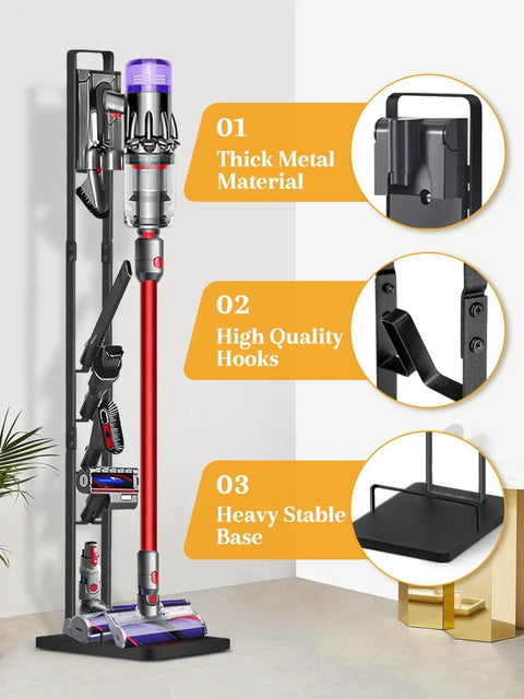 Dyson Vacuum Stand And Cordless Vacuum Accessory Organizer For V15 V11 V10 V8 V7 V6 And DC30 DC31 DC34 DC35 DC58 DC59 DC62 DC74 Heavy Duty Metal Storage Holder For Home Garage And Kitchen Black with multiple hooks and stable base.