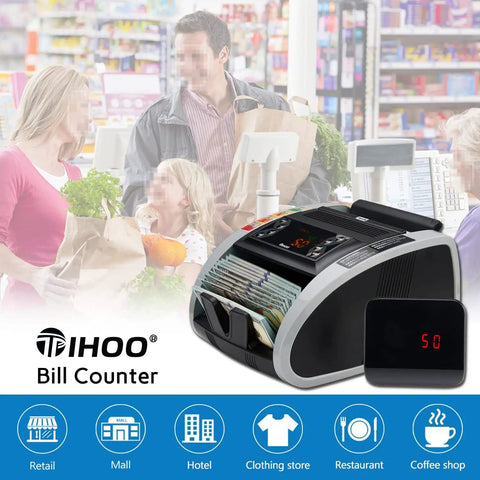 Money Counter Machine With UV MG IR Counterfeit Detection, Portable Bill Counter With External Display in store setting