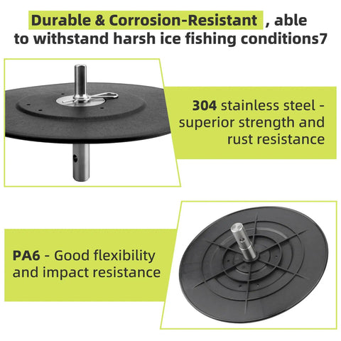 Ice Fishing Auger Drill Adapter 9.1 inch stopper disc with 304 stainless steel and PA6 materials for durability and corrosion resistance.