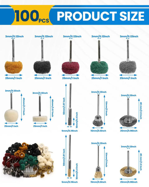 Polishing Kit For Dremel 100 Piece Buffing Wheel Set size details with various brushes and shanks for metal and wood.