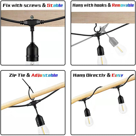 200 Ft Outdoor String Lights With 63 Shatterproof Edison Bulbs 2200K Warm White Waterproof Weatherproof, four hanging methods