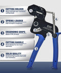 One Hand Operation Stainless Steel Cable Tie Tool Zip Gun features highlighted design elements, cutter, and ergonomic grips.