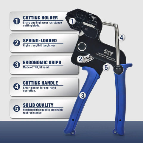 One Hand Operation Stainless Steel Cable Tie Tool Zip Gun features highlighted design elements, cutter, and ergonomic grips.
