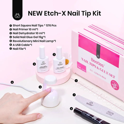 Gel Nail Extension Kit With Short Square Tips And Essentials Like Primer Dehydrator 10 Ml Glue 15 G 576 Half Matte Short Square Tips Mini UV Lamp And Nail File For Easy DIY Manicure At Home Perfect Gift For Women displayed on a table