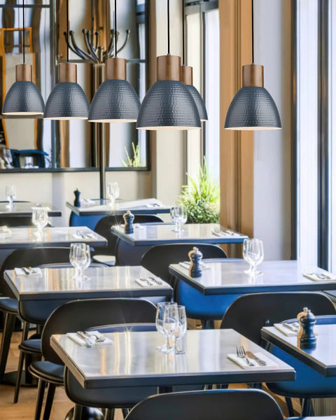 Hammered Pendant Light For Kitchen Island With 10.2 Inch Wide Solid Wood Bar Lamp Dope Industrial Pendant Lighting For Dining Room Bedroom Bar Office Modern Blue FSC Certified Wood