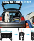 All Terrain Folding Wagon With Heavy Duty Frame And 360 Lbs Capacity Utility Cart in SUV trunk next to a dog, camping gear in background