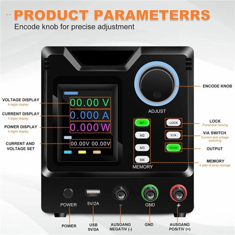 Programmable DC Power Supply for Lab Repair and Industrial Maintenance, Pro Grade Voltage Regulator, Teaching Rig with Adjustable Output, Safe, Reliable, Durable, Ideal for Tech Classes and Hands On Training, front view with display