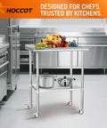 Stainless Steel Prep Table 30 By 30 With Adjustable Undershelf Backsplash And Wheels For Kitchen loaded with fruits and pots
