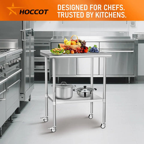 Stainless Steel Prep Table 30 By 30 With Adjustable Undershelf Backsplash And Wheels For Kitchen loaded with fruits and pots