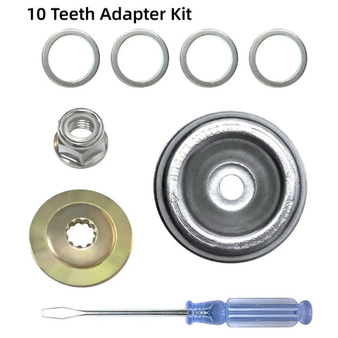 10 Inch 80T Carbide Tip Brush Cutter Blade With Adapter Kit For Stihl Husqvarna Ryobi Weed Eater Fits Most 1 Inch Arbor Trimmers Beast Pro Grade Circular Saw Style Blade Pack Of 2 Heavy Duty Garden Tool Upgrade showing adapter kit with rings, nut, and screwdriver