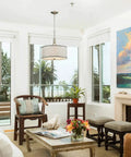Living room with Modern 3 Light Kitchen Chandelier in Brushed Nickel With Drum Shade Gauze Etamine Hanging Pendant Light.