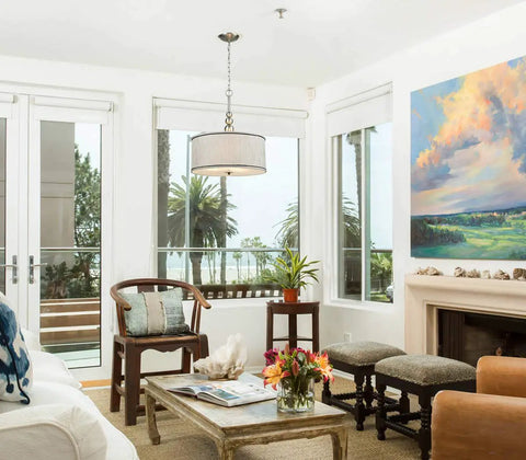 Living room with Modern 3 Light Kitchen Chandelier in Brushed Nickel With Drum Shade Gauze Etamine Hanging Pendant Light.
