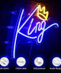 King Neon Sign Blue Letters LED Neon Light With Pink Crown Wall Decor For Bedroom Kids Room Teen Boys Room Birthday Wedding Party Bar Decor USB Powered Plug In Easy And Vibe Ready To Shine acrylic-backed close-up angle