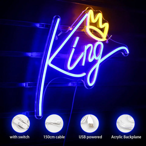 King Neon Sign Blue Letters LED Neon Light With Pink Crown Wall Decor For Bedroom Kids Room Teen Boys Room Birthday Wedding Party Bar Decor USB Powered Plug In Easy And Vibe Ready To Shine acrylic-backed close-up angle