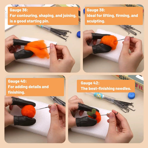 Needle Felting Kit With 127 Pcs Needles In Four Gauges 42 40 38 36, Pro Grade Wooden Handle Tools, user demonstrating usage on foam pad