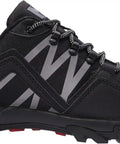 Side view of black Slip Resistant Work Shoes For Men Non Slip Steel Toe Sneakers Size 9.5 with composite toe and EH certification.