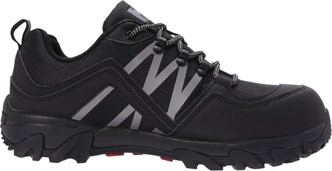 Side view of black Slip Resistant Work Shoes For Men Non Slip Steel Toe Sneakers Size 9.5 with composite toe and EH certification.