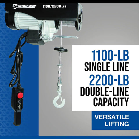 Strongway 1100 Lb Electric Cable Hoist With 2200 Lb Double Line Capacity For Garage Use, showcasing single line, double line, and control features.