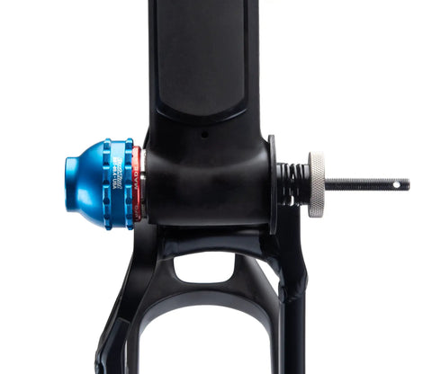 Blue Anodized Bottom Bracket And Pedal Tool With Laser Engraving, 3/8 Drive, 44mm, 16 Notch Socket attached to a bike frame