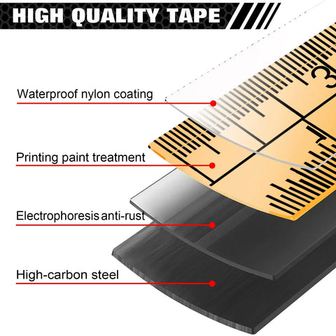 Industrial Magnetic Tape Measure With Fractions 1/8 And Metric, Auto Lock layers including steel and nylon coating